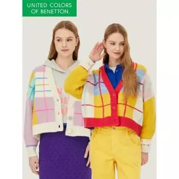 Benetton Multi Check Intarsia Knit Cardigan Bakc02411 YE/OS