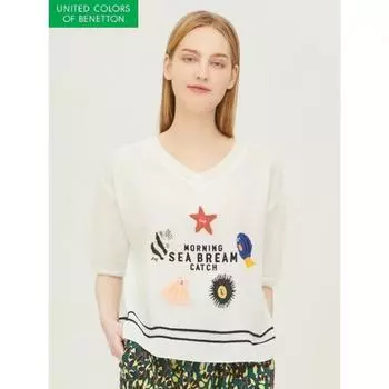 Benetton Tukata V Neck Volume sleeVe Knit Bakpb9431 WH/OS