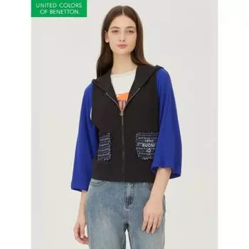 Benetton Tweed Pocket Knit Hoodie Zip Up Bakv04341 BK/OS