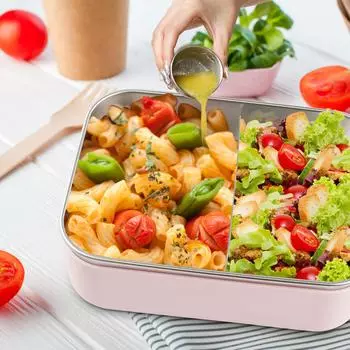 Bento Box Stainless Steel Bento Storage Box with 1.6L Salad Dressing Container 2-Compartment Bento Container with Removable розовый