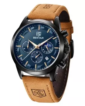 BENYAR Мужские часы Аналоговый кварцевый механизм хронограф часы Повседневный спортивный дизайн Ремешок из нержавеющей стали 30M Водонепроницаемый Элегантный подарок для мужчин Синий Черный