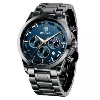 BENYAR Мужские часы Аналоговый кварцевый механизм хронограф часы Повседневный спортивный дизайн Ремешок из нержавеющей стали 30M Водонепроницаемый Элегантный подарок для мужчин Черный Синий