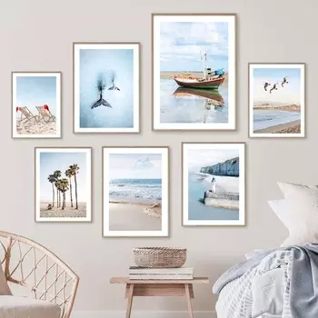 Береговая линия Пляжный стул Маяк Хвост кита Плакаты и принты Картина на холсте Скандинавское настенное искусство Картины Гостиная Домашний декор 21X30cm No Frame