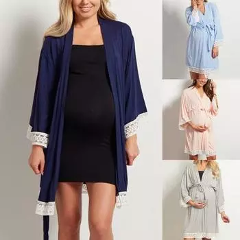 Беременные женщины для беременных с рукавами 3/4 и кружевной отделкой, повязка, ночная рубашка, халат для беременных XXXL серый