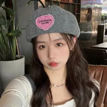 Берет детский осенне-зимний шерстяной, сладкая нашивка любви, носите шляпу вперед вверх ногами, покажите свое лицо, маленький прилив M56-58cm