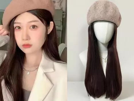 Beret Hat Hat Wig Hat with Wig Wig Cold Protection Halloween Event Cosplay Delivery Disguise Korean Medical Wig Dark Brown Curl 65cm (Beige) бежевый