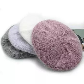 Берет из кроличьей шерсти для женщин, осенне-зимняя мягкая теплая вязаная шапка, модные шапки художника с большой головой One Size