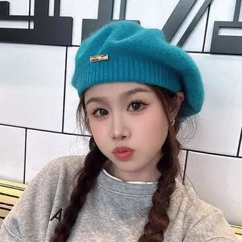 Берет из кроличьей шерсти для женщин, осень-зима, корейские серые шляпы для художников, ретро-кепки с железным логотипом и пряжей Bud