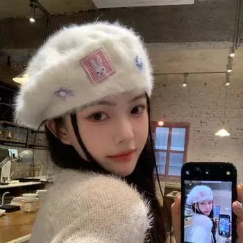Берет из кроличьей шерсти, кепка задом наперед, белая зимняя, большая окружность головы, милая, милая, женская шляпа художника one size