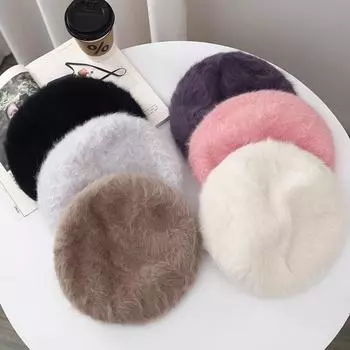 Берет из кроличьей шерсти, сезонная шапка, женская универсальная модная шапка художника, вязаная теплая шапка-бутон, плюшевая шапка M56-58cm темно-серого