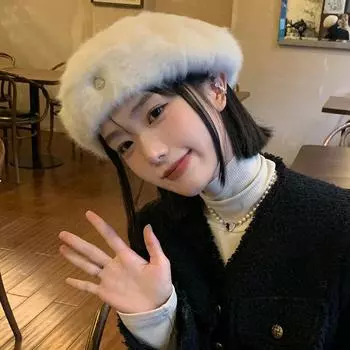 Берет из кроличьей шерсти женский осенне-зимний маленький теплый бутон малярная шапка большой окружности головы плюшевая шапка M56-58cm