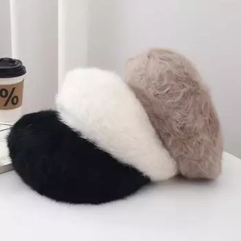 Берет из меха кролика, сезонная шапка, женская универсальная модная шапка художника, вязаная теплая шапка Bud, плюшевая шапка M56-58cm бордовый