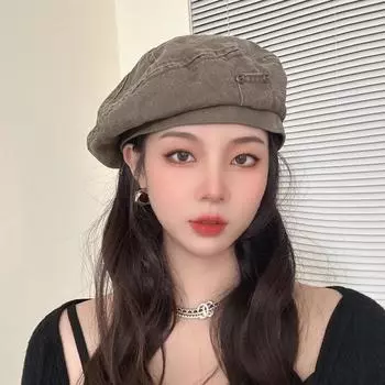 Берет из старого стираного денима, хлопка, женская мода на весну и осень, универсальная, с медной пряжкой, ретро-дизайн, шляпа художника-бутона M56-58cm чёрный