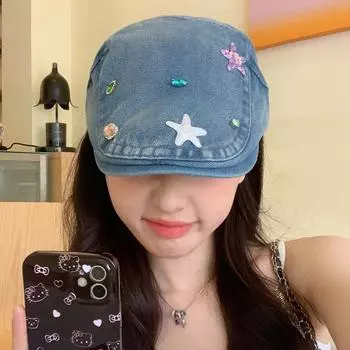 Берет из стираного денима женский 2024 новый ретро универсальный большой обхват головы показывающий маленький лицом вперед шляпа старая шляпа газетчика M56-58cm синий
