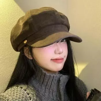 Берет Майяра с кофейным напылением, женский, весна-осень, ретро, большая окружность головы, восьмиугольная шляпа, показывающая лицо, маленькая шляпа художника-газетчика M (56-58cm) Flocking Octagonal Hat темный кофе