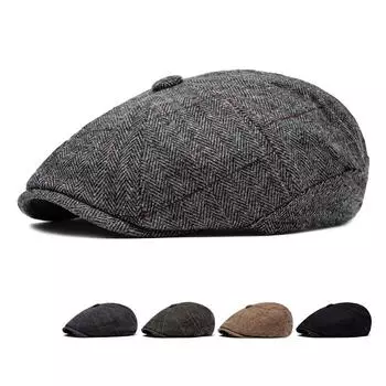 Берет мужской осенне-зимний бархатный теплый кепка-форвард кепка восьмиугольная кепка газетчик чёрный
