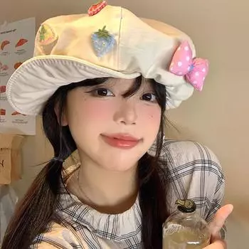 Берет с бантом из клубники, женский, летний, универсальный, большая окружность головы, шляпа-облако, показывающая лицо, маленькая M56-58cm