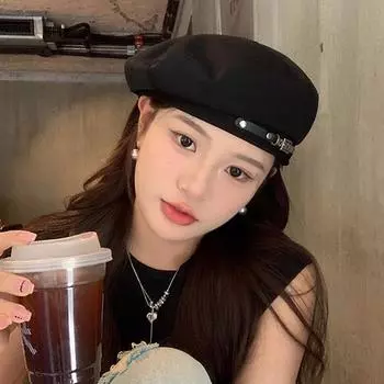 Берет с металлической пряжкой женский британский ретро повседневный шляпа художника ниша дисплей лицо маленький бутон шляпа тренд чёрный