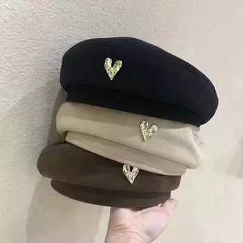 Берет с сердечком на открытом воздухе, французская шапка художника, женская осенне-зимняя британская шапка кофейный
