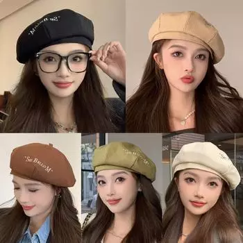 Берет с вышитыми буквами, женская осенне-зимняя новая шляпа художника-бутона, большая окружность головы M56-58cm чёрный