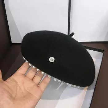 Берет с жемчужной отделкой, женский осенне-зимний тренд, универсальная винтажная шерстяная шляпа художника в британском стиле, элегантная однотонная шляпа 55-58cm чёрный