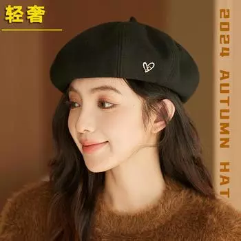 Beret women s spring and autumn big head circumference literary octagonal hat retro versatile face pumpkin painter hat M56-58cm чёрный