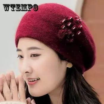 Берет, женская шапка из кроличьего меха, осенне-зимняя уличная двухслойная утолщенная шерстяная шапка, теплая шапка для защиты ушей розовый