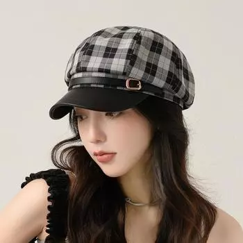 Берет женский 2024 новый летний ретро свежий маленький клетчатый шляпа художника повседневная универсальная козырек для отдыха на природе M56-58cm чёрный