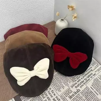 Берет женский 2024 новый сердечный милый шерстяной женский однотонный помпон-бантик осень-зима теплая шапка художника M56-58cm