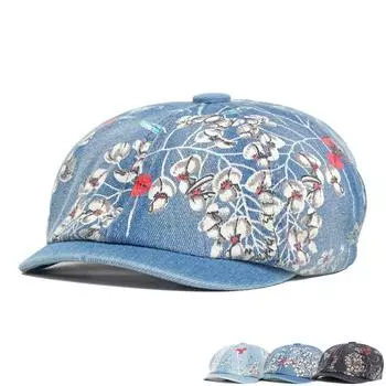 Берет женский джинсовый принт с цветочным принтом восьмиугольная шляпа расписная шляпа британская шляпа вперед кепка газетчика синий