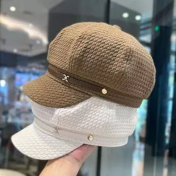 Берет женский клетчатый ремень пряжка восьмиугольная шляпа корейская версия универсальная шляпа аквагример винтажная британская кепка M56-58cm хаки