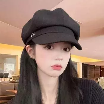 Берет женский летний тонкий большой окружность головы ретро британский стиль черный восьмиугольная шляпа мода универсальный художник бутон шляпа M (56-58cm) DO octagonal hat чёрный