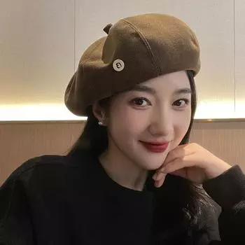 Берет женский весна и осень интернет знаменитость мода однотонный восьмиугольная шляпа круглое лицо маленькая ретро шляпа художника average size (54-59cm) темно-коричневого