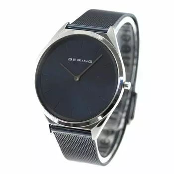 BERING аналоговые кварцевые ультратонкие коллекционные часы с ремешком из нержавеющей стали, сапфировым стеклом, синим сетчатым ремнем, обычный импортный продукт, 3 года внутренней гарантии серебряный