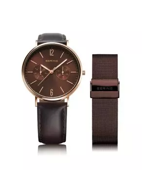 BERING Japan Limited Brown Calf Leather Brown Stainless Steel Mesh Belt Includes 2 Rose Gold Sapphire Glass Changes Genuine Imported Product 3 Year