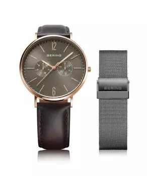 BERING Japan Limited Brown Calf Leather Gray Stainless Steel with 2 Mesh Straps Sapphire Glass Changes Genuine Imported Product 3 Year Warranty серый