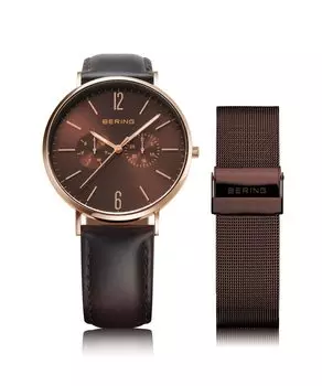 BERING Japan Limited Коричневый ремень из телячьей кожи с сеткой из нержавеющей стали, коричневый, включает в себя 2 смены сапфирового стекла из розового золота Подлинный импортный продукт, 3 года розового золота