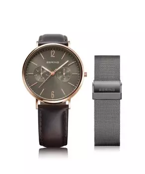 BERING Мужские и женские (унисекс) Japan Limited Коричневый телячья кожа и серая нержавеющая сталь с 2 сетчатыми ремешками Сапфировое стекло Изменения 14236-369 Подлинный