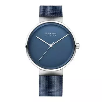 BERING Мужские и женские (унисекс) Модель Solar, синий x серебристый, сетчатый ремешок из нержавеющей стали 14339-307, подлинный импортный продукт, внутренняя гарантия 3 года, Sapph