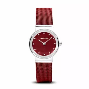 BERING Women s Analog Quartz Classic Collection Watch Stainless Steel Strap & Sapphire Crystal Red Mesh Belt x Silver 10126-303 Genuine Imported