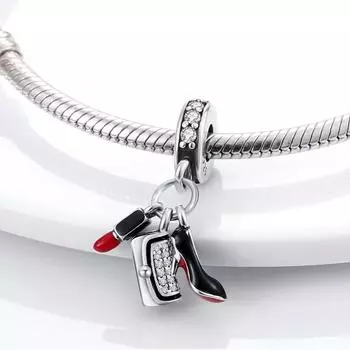 Berloque, женская сумка с серебряными бусинами 925 пробы, помада, туфли на высоком каблуке, подвеска, подходит для брендового браслета, подарок для девочки