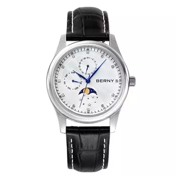 BERNY Многофункциональные кварцевые часы с календарем и фазами Луны, корпус из нержавеющей стали и кожаный кварцевый ремешок для мужчин, черные, часы. … белый