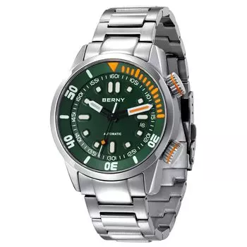 BERNY Watch Mechanical Watch Hand Wind Watch Automatic Watch 200m Diving Watch Наручные часы HV600 Hardness Sapphire Glass Прочный браслет из нержавеющей стали зелёный
