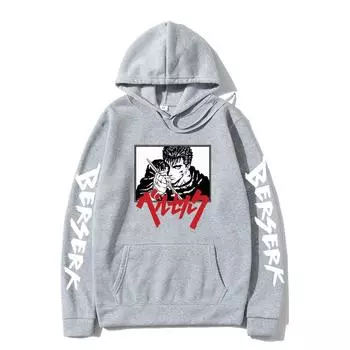 Berserk Anime Hooded Guts Eyes Printed Men Women Manga Hoodies Vintage Pullover Casual Loose Sweatshirt Harajuku Male Streetwear XS серый