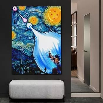 Бескаркасная декоративная картина для детской комнаты с героями мультфильмов, Ван Гог, звездное небо, холст, подвесная настенная живопись 20x30cm No Frame bleu де франс