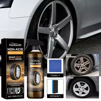 Бескислотный очиститель автомобильных колес, быстродействующий, экологически чистый, мощный для удаления пыли, очиститель колес, шин с набором губчатых щеток 120ML