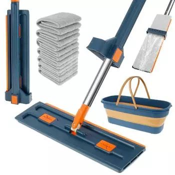 Бесконтактная плоская швабра для пола и складное ведро в комплекте, вращающаяся на 360° швабра из микрофибры с 7 насадками для швабры, комплект для сухой и влажной уборки дома