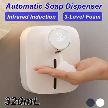 Бесконтактный насос 320 мл, 5 В, автоматический дозатор пенного мыла с цифровым дисплеем температуры, перезаряжаемый инфракрасный датчик белый