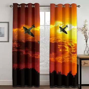 Бесплатная доставка, дешевые 3D-печатные самолеты в небе, пейзаж, 2 шт., затеняющие оконные шторы для гостиной, спальни, декоративный крючок 100W130H(CM)40x51in&Hook