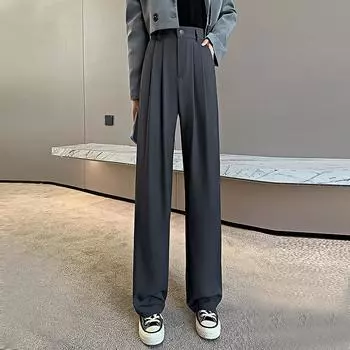 Бесплатная доставка, женские широкие брюки с высокой талией, черные свободные летние тонкие брюки, серая модная женская офисная одежда S чёрный